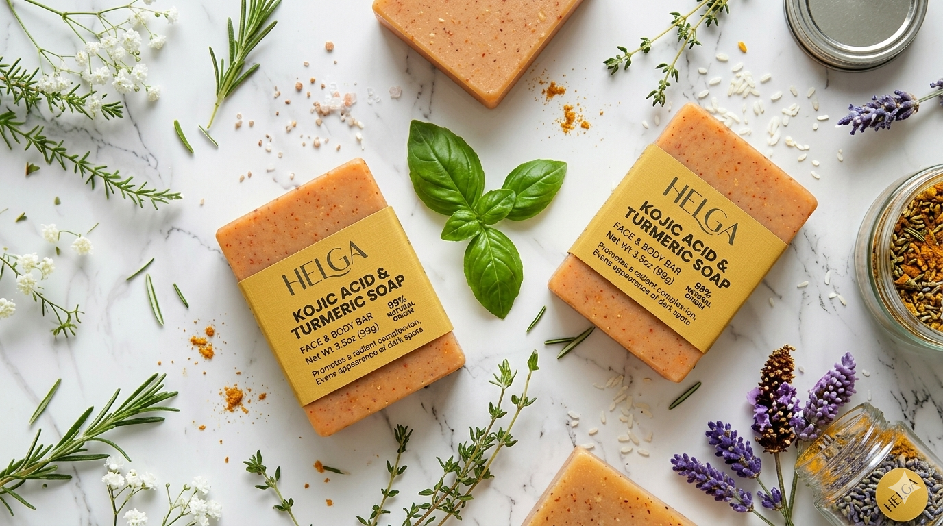 HELGA Kojic Acid & Turmeric Soap — flat lay with botanicals